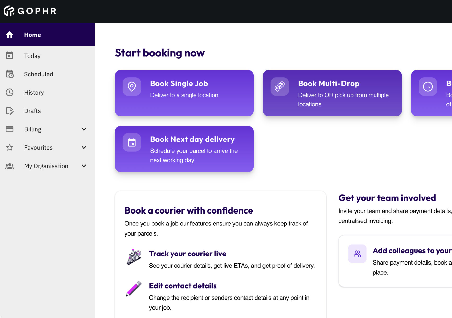 The Gophr delivery booking app, showing the book next day delivery option alongside same day booking.
